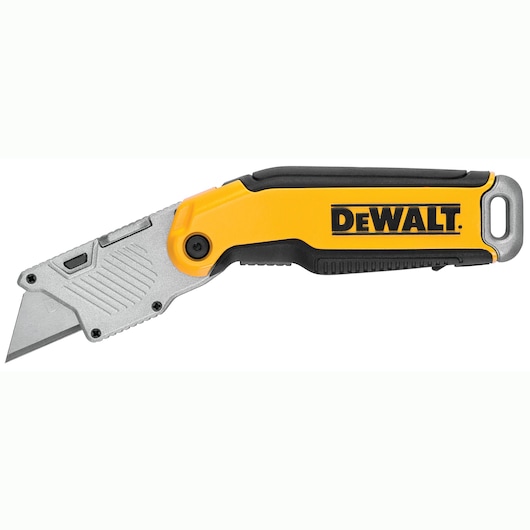 Yellow and black DEWALT folding utility knife with a silver blade and ergonomic handle.
