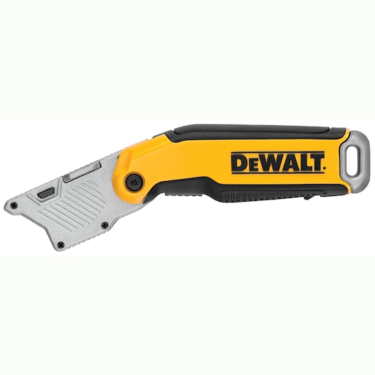 Yellow and black folding utility knife with DEWALT logo, angled blade, metal and plastic construction.