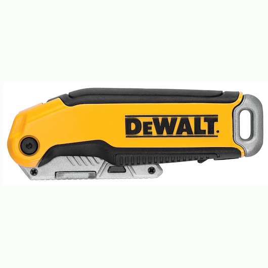 Closed DEWALT folding utility knife with yellow and black handle, silver metal end, and bold DEWALT logo.