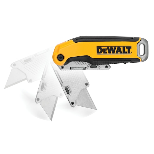DEWALT folding utility knife with yellow handle and multiple blade positions shown.