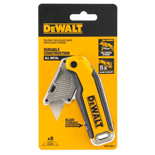 DEWALT folding fixed blade knife with blade storage in original yellow and black packaging, model DWHT10429-0. The package highlights features such as all-metal durable construction, one-handed opening, ball-bearing mechanism, and storage capacity for five blades.