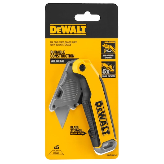 DEWALT folding fixed blade knife with blade storage, all-metal construction, shown in its yellow packaging. The tool has a black and yellow handle with a release button and includes information about features such as ball-bearing opening, one-handed use, and 5x blade capacity.