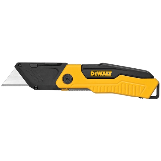 DEWALT folding utility knife with yellow and black handle, shown with blade extended on a white background.