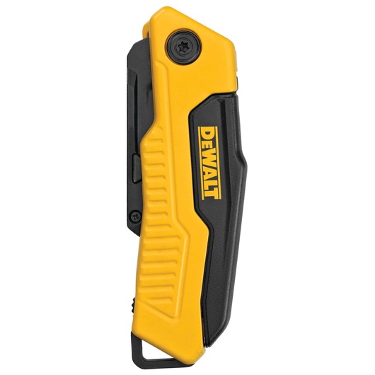 Closed DEWALT folding utility knife in yellow and black, with visible logo on handle.