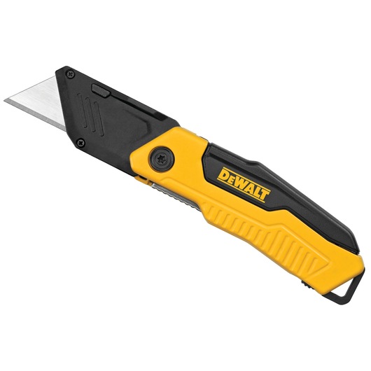 Yellow and black DEWALT folding utility knife with a retractable blade and ergonomic handle.