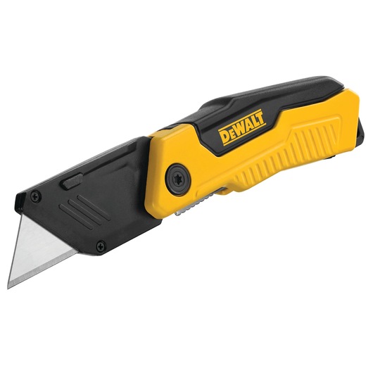 DEWALT folding utility knife with yellow and black handle and exposed blade, shown on a white background.
