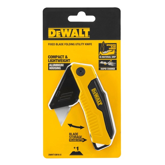 DEWALT fixed blade folding utility knife in yellow and black, shown in retail packaging. Features include compact and lightweight aluminum housing, integrated blade storage, bi-material grip, and rapid blade change.