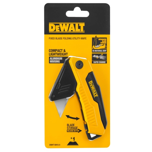DEWALT fixed blade folding utility knife in yellow and black packaging. The product is described as compact and lightweight with aluminum housing, integrated blade storage, bi-material grip, and rapid change feature.