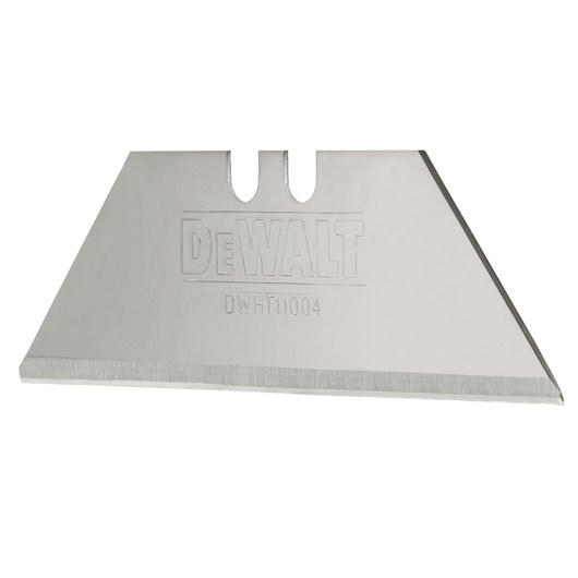Close-up of a DEWALT DWHT11004 utility knife blade with sharp edge and silver finish.
