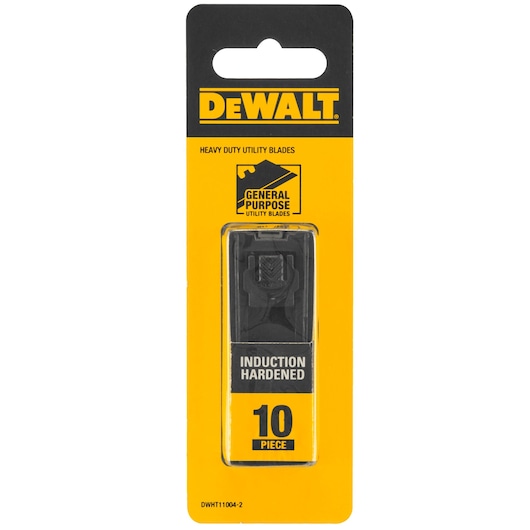 Pack of DEWALT heavy duty utility blades, general purpose, induction hardened, containing 10 pieces, in yellow and black packaging.