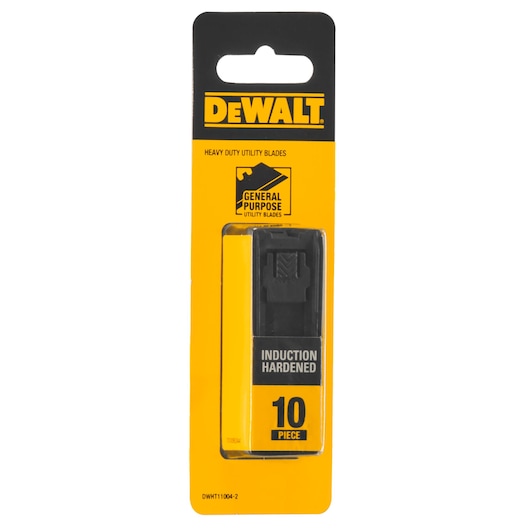 DEWALT heavy duty utility blades, general purpose, induction hardened, pack of 10 pieces, shown in retail packaging.