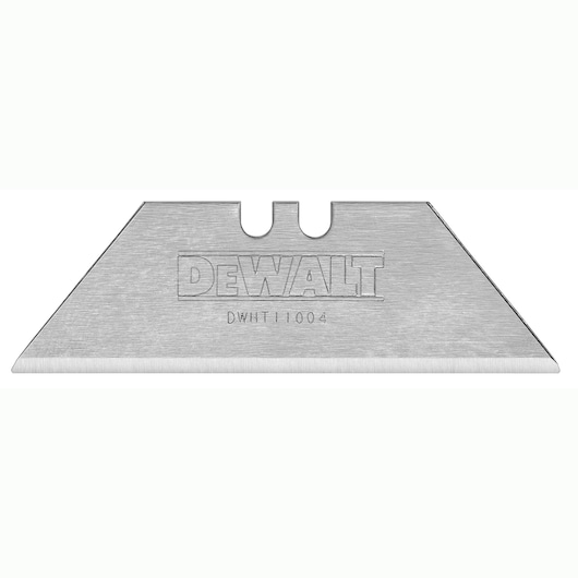 DEWALT utility knife blade, model DWHT11004, shown in close-up with sharp edge and metal finish.