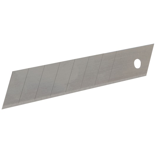 A segmented utility knife blade with a sharp edge and hole for attachment, shown on a white background.