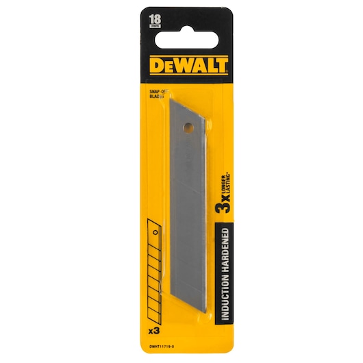 Pack of three DEWALT snap-off blades, 18mm size, induction hardened for longer lasting use, shown in yellow and black packaging.