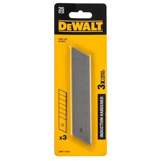 Pack of DEWALT snap-off blades, induction hardened, 25 mm size, containing three blades in a yellow and black blister packaging.