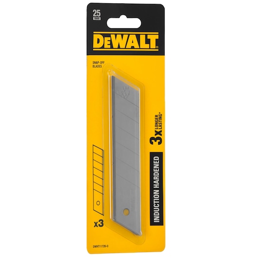 Packaged DEWALT snap-off blades, 25 mm size, induction hardened, with three blades included, displayed in yellow and black retail packaging.