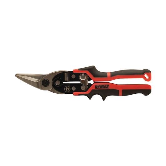 DEWALT aviation snips with black and red ergonomic handles on a white background.
