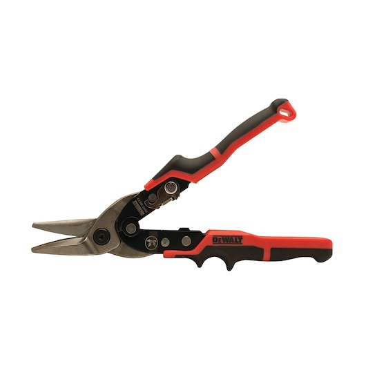 DEWALT metal cutting snips with black and red handle, straight blade, and ergonomic grip on white background.