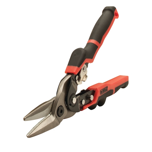 DEWALT metal snips with black and red handle for cutting sheet metal or similar materials.