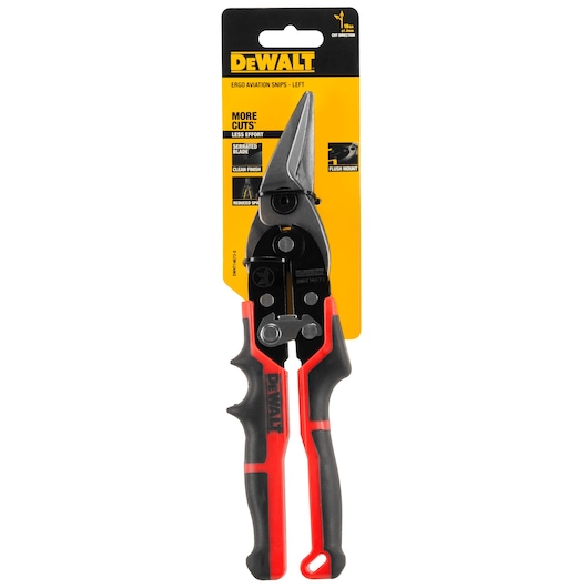 DEWALT DWHT14673-0 Ergo Aviation Snips (left cutting), displayed in retail packaging with yellow and black branding.