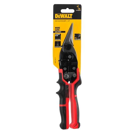 DEWALT Ergo Aviation Snips - Left, model DWHT14673-0, shown in retail packaging. The tool features black and red ergonomic handles and a serrated cutting blade.