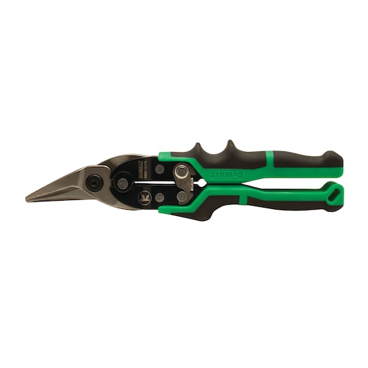 Green and black aviation snips with ergonomic handle and angled cutting blades, DEWALT brand.