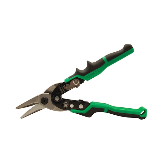 DEWALT green and black aviation snips with serrated cutting blades and ergonomic handle design.