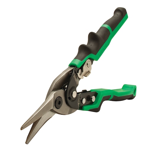 Green-handled metal cutting snips tool with serrated blades, shown against a white background.