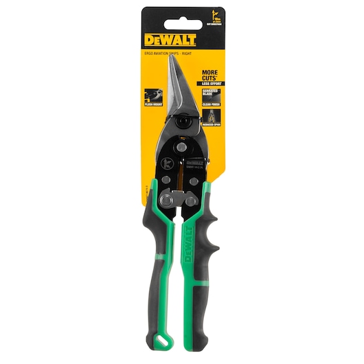 DEWALT Ergo Aviation Snips (DWHT14674-0), right cutting, shown in retail packaging with black and green handles and serrated blade.