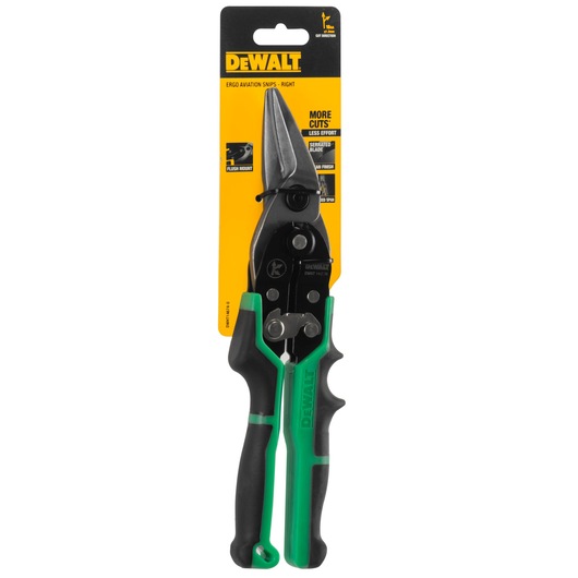 DEWALT Ergo Aviation Snips (Right) in retail packaging, featuring black and green handles and a metal cutting blade, shown against a white background.