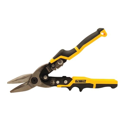 DEWALT aviation snips with black and yellow handles, angled metal blade for cutting sheet materials.
