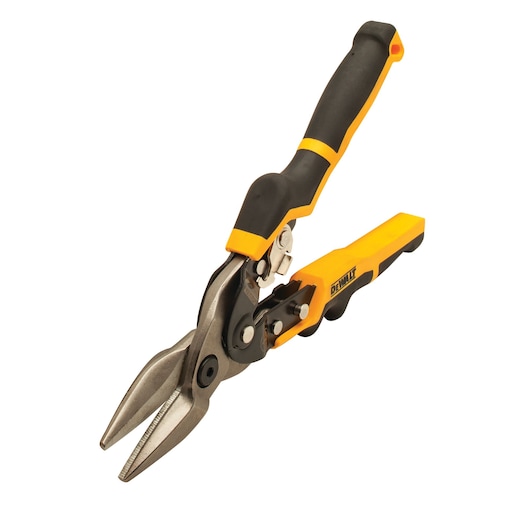 DEWALT straight-cut aviation snips with yellow and black handles shown against a white background.