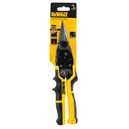 DEWALT ergonomic aviation snips in black and yellow packaging, designed for cutting with serrated metal blades.