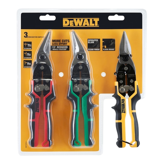 A product package containing three DEWALT aviation snips, each with colored handles (red, green, and yellow/black) for different cutting directions. The package displays product information, features, and the DEWALT logo.