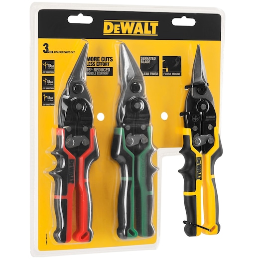 A package of DEWALT aviation snips set containing three metal cutting tools with color-coded handles: one with red, one with green, and one with yellow and black handles. The packaging is branded with the DEWALT logo and includes product details.