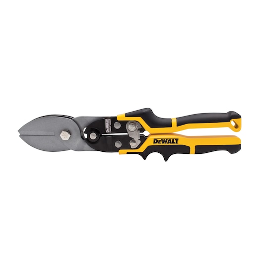 DEWALT metal cutting snips with yellow and black ergonomic handle, shown against a white background.