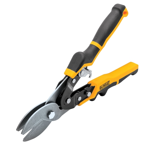 DEWALT aviation snips with ergonomic yellow and black handles, suitable for cutting sheet metal.
