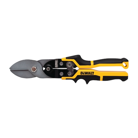 DEWALT metal cutting snips with black and yellow ergonomic handle, shown on white background.