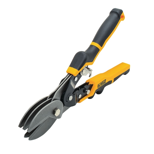 DEWALT compound action aviation snips with black and yellow handles, designed for cutting sheet metal.