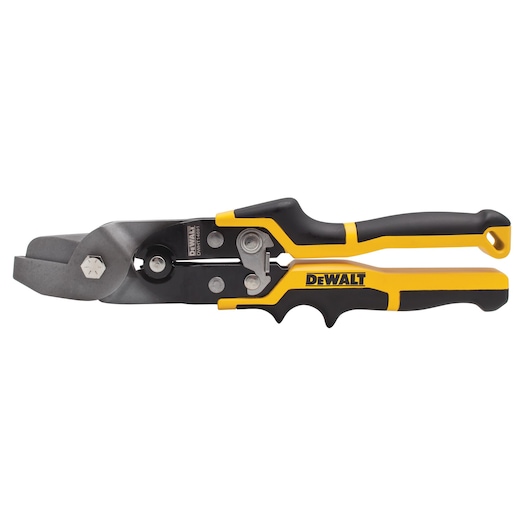 DEWALT metal cutting snips with black and yellow handle, designed for sheet metal tasks.