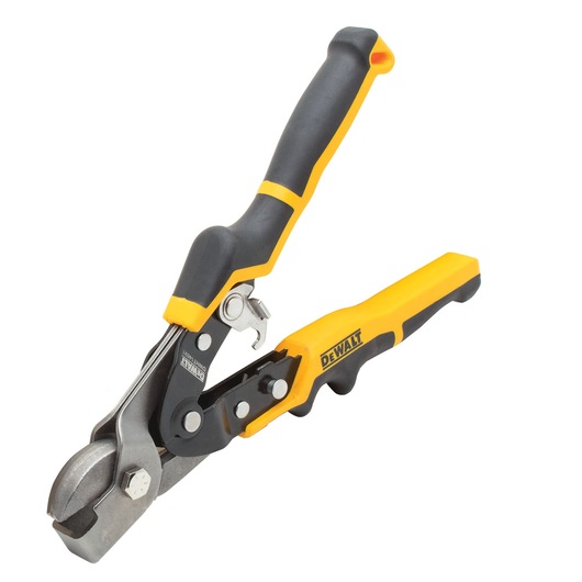 DEWALT metal cutting pliers with black and yellow handle, shown on a white background.
