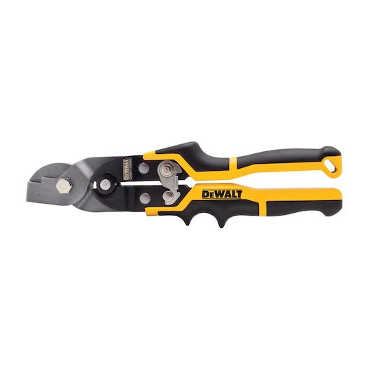 DEWALT metal snips with black and yellow handle, angled cutting blades, shown on white background.