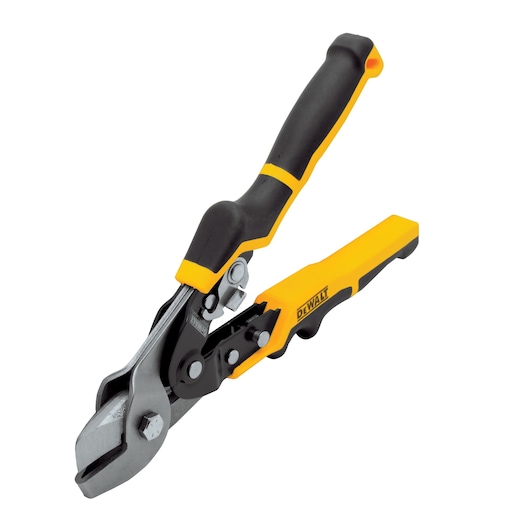 DEWALT metal cutting snips with yellow and black ergonomic handles, angled jaws for precise cuts.