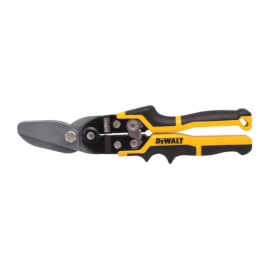 DEWALT metal cutting snips with black and yellow ergonomic handles, suitable for sheet metal work.