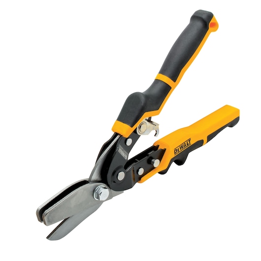 DEWALT aviation snips with ergonomic yellow and black handle for cutting sheet metal or similar materials.