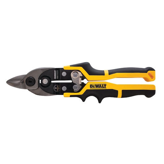 DEWALT aviation snips with black and yellow handle, designed for cutting metal sheets.