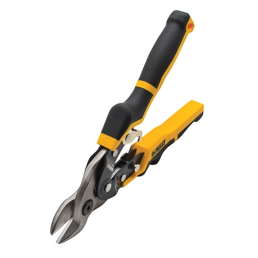 DEWALT yellow and black aviation snips with ergonomic handle, used for cutting metal sheets.