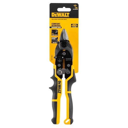 DEWALT bullnose aviation snips in black and yellow ergonomic packaging, showing the tool with comfort grips and labeled features for cutting metal.