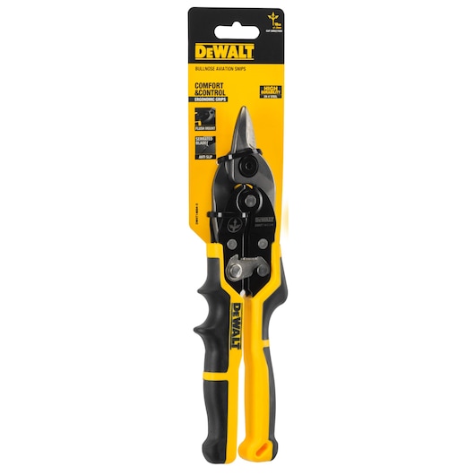 DEWALT bullnose aviation snips in packaging with ergonomic yellow and black handle and metal blades.
