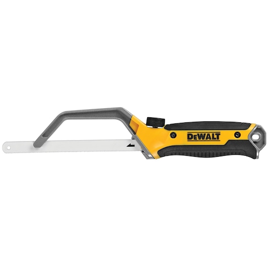 DEWALT hand saw with yellow and black ergonomic handle and metal frame, blade for cutting wood or metal.